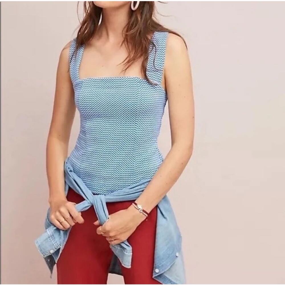 Anthropologie Maeve Stratton Blue Chevron Stripe‎ Button Back Top Square Neck L